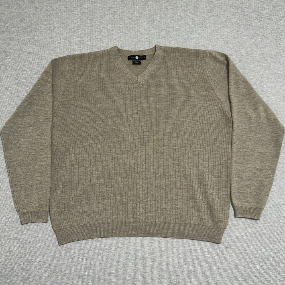Nike Tiger Woods V-Neck Ribbed Knit Pullover Sweater Merino Wool Tan Mens XXL